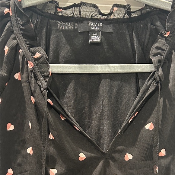 Haver V Neck Sheer Black Blouse with Pink Heart Accents Women’s Size Medium - Picture 4 of 7